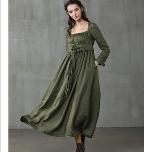 Beautiful linennaive cottagecore regency Jane Austen olive green natural dress